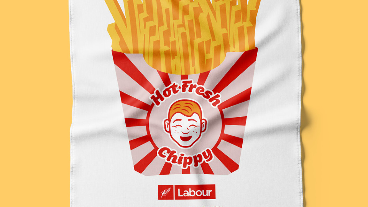 Chris Hipkins tea towel illustration Hot Fresh Chippy for the New Zealand Labour Party