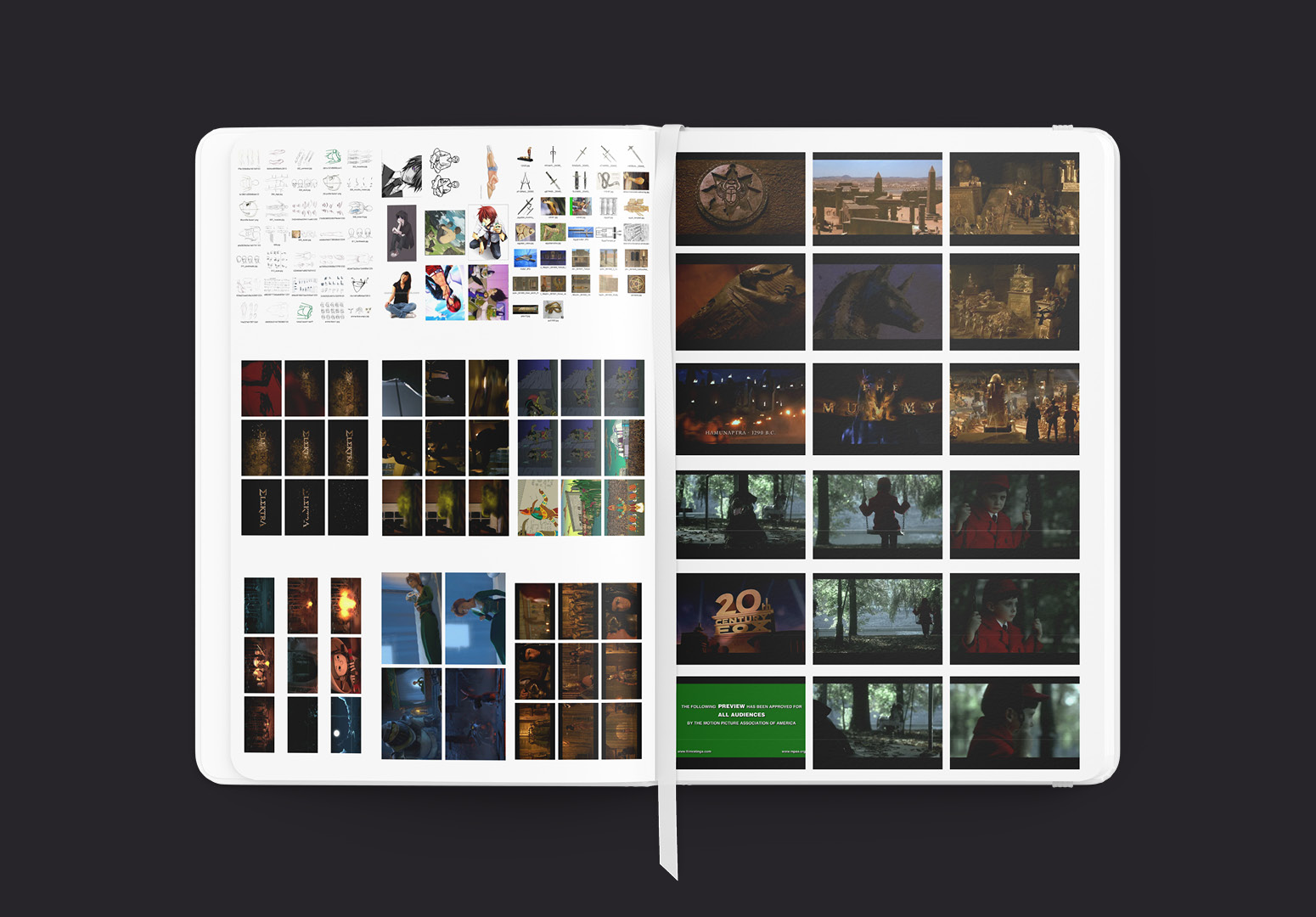Visual diary pages showing research and development of the Bartimaeus animated short film.