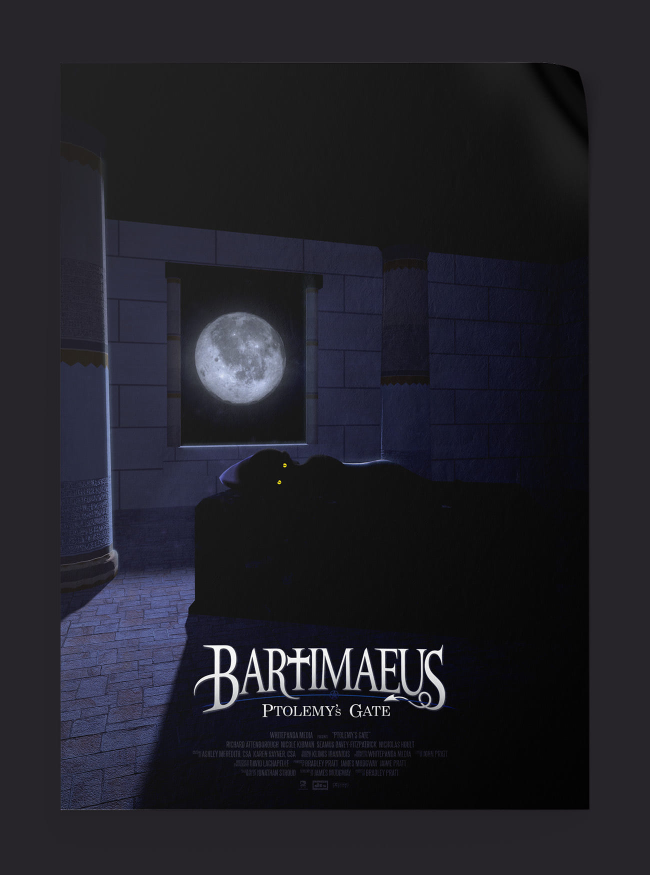 The original poster artwork in blue, created for the promotion of the short film 'Bartimaeus: Ptolemy's Gate'.