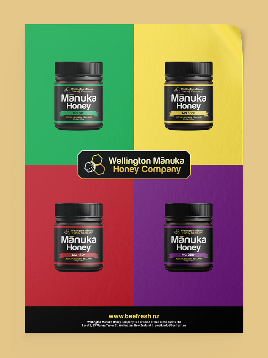 Bee Fresh Farms Warhol inspired poster with four honey products