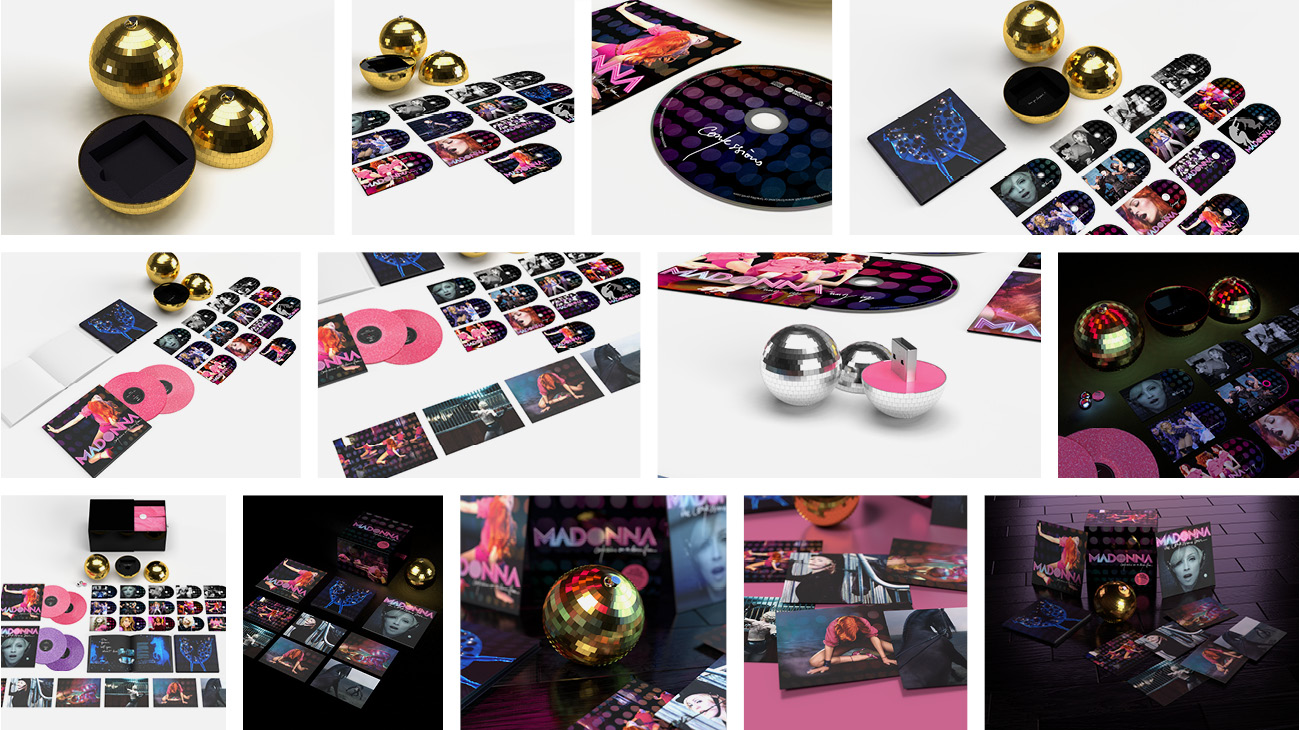 Drafts and work in progress images of my 3D assets created for Madonnas Confessions on a Dance Floor box set