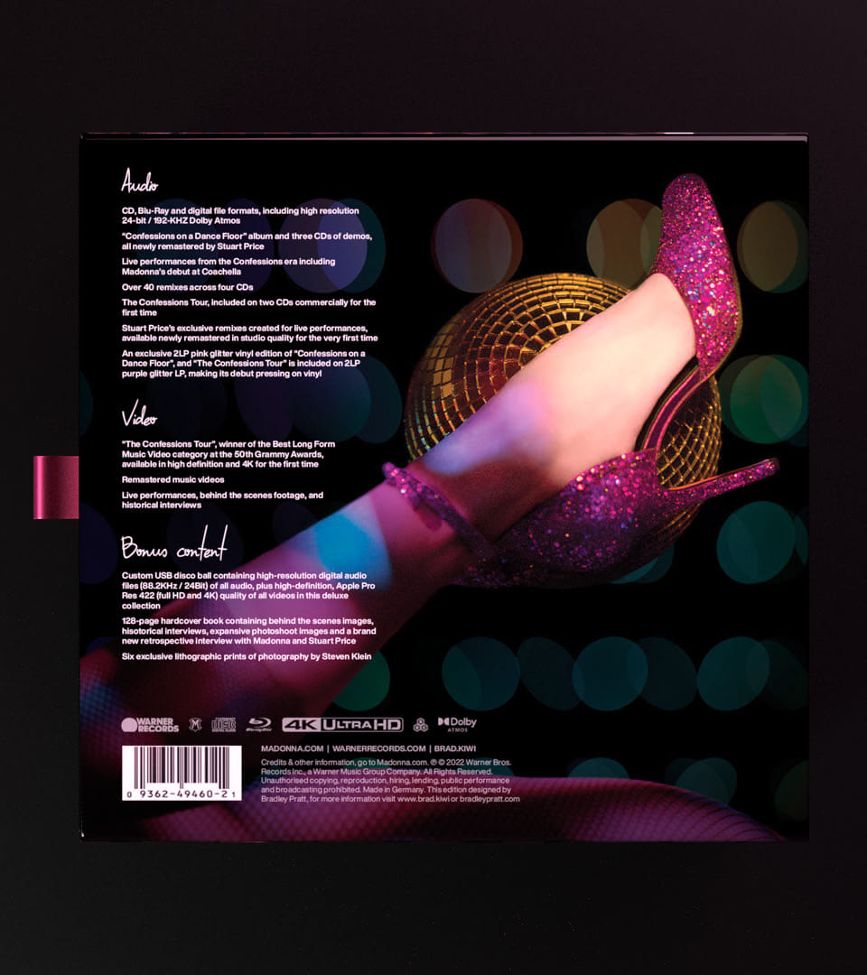 Madonna's "Confessions on a Dance Floor" box set back cover design with tracklist details and a Steven Klein photograph