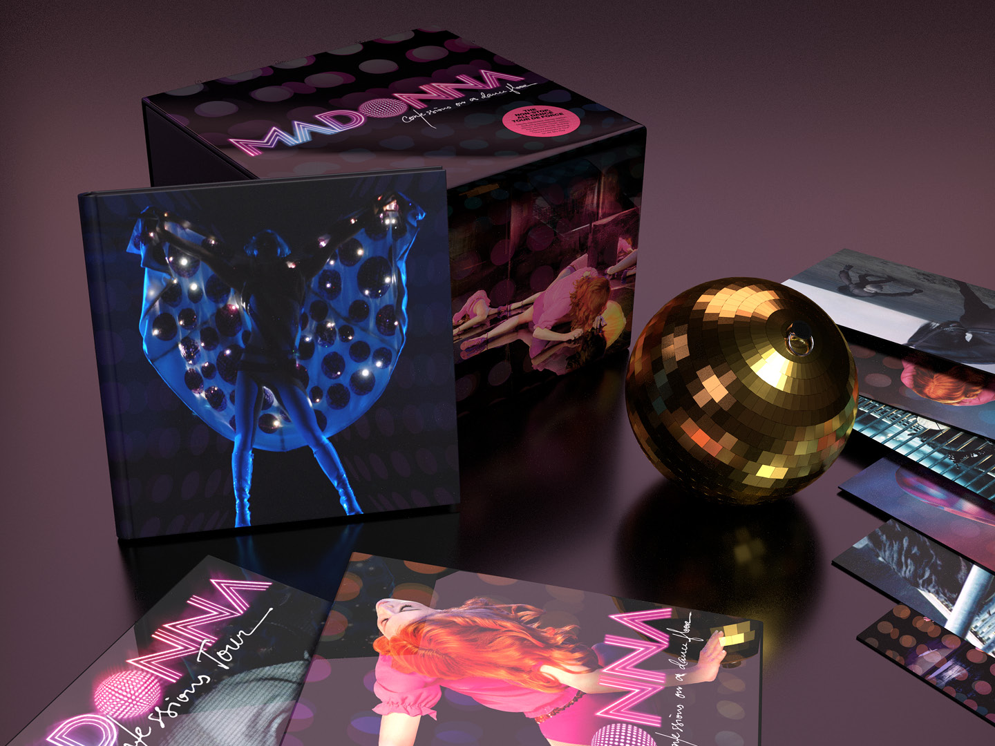 Madonna's "Confessions on a Dance Floor" box set contents spotlighting the hardcover book and disco ball