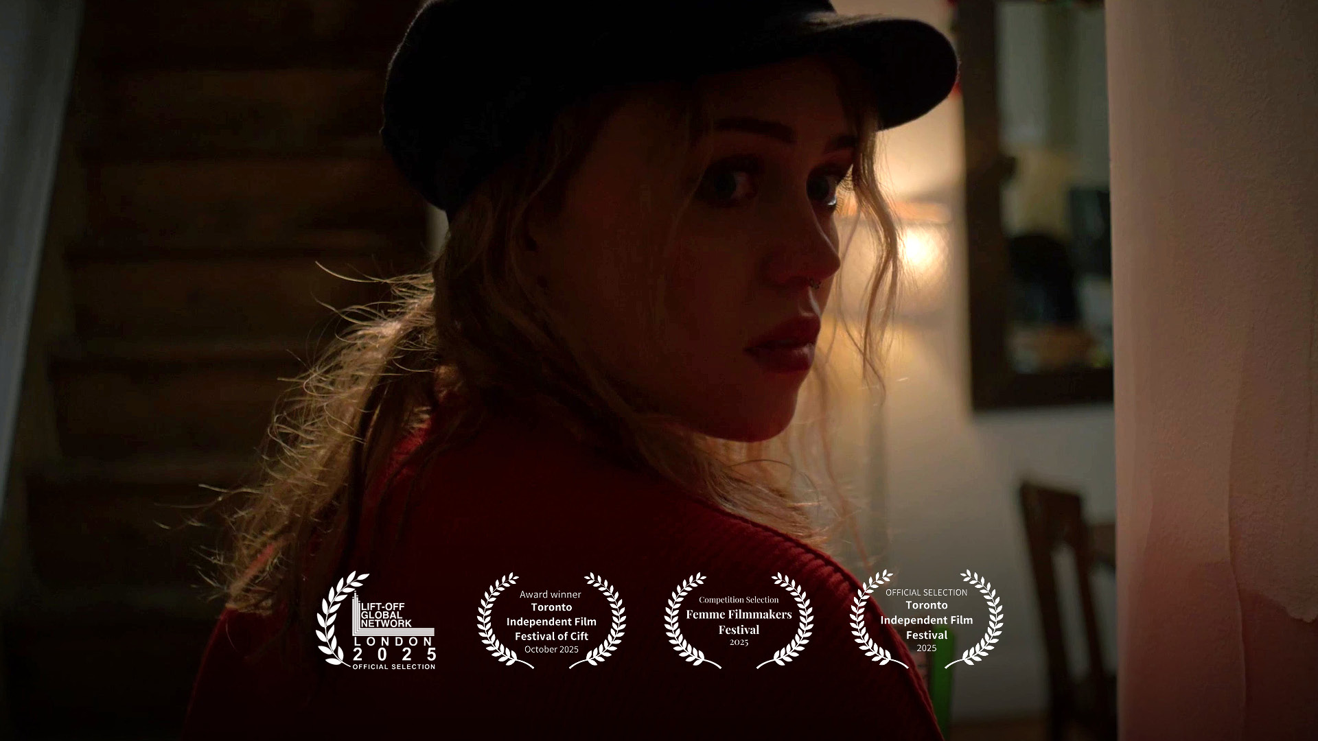 'Don't Be Rude' (2025) screenshot of Lola McLeod with laurels from film festivals.