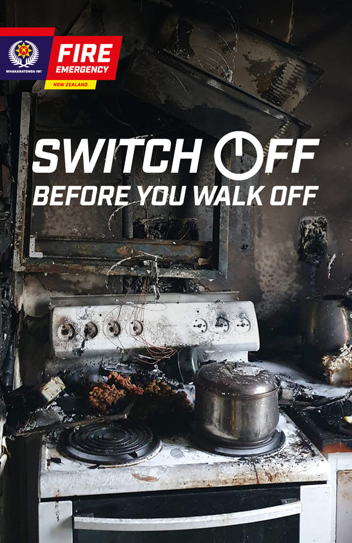 Fire and Emergency NZ 'switch off before you walk off' campaign design on nationwide billboards
