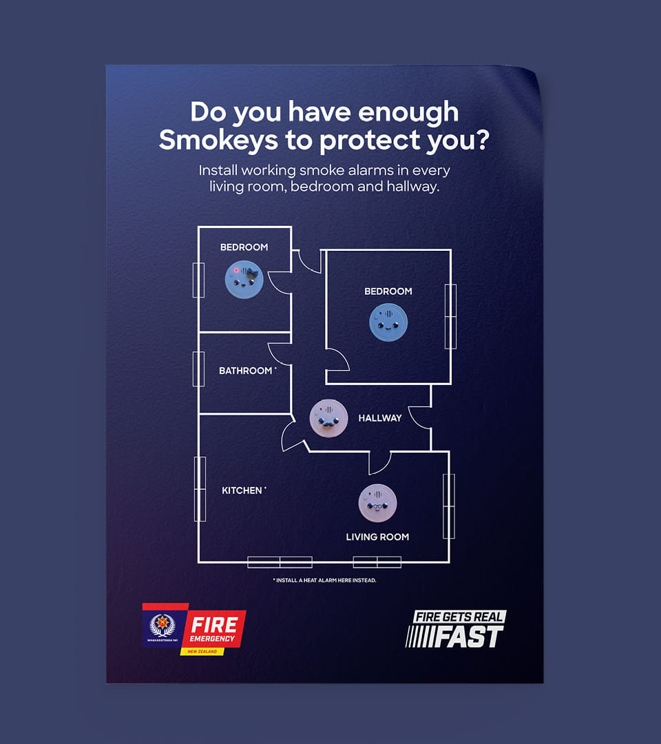 Fire and Emergency NZ Smokey posters shown in Bunnings, The Warehouse and Mitre 10 around New Zealand