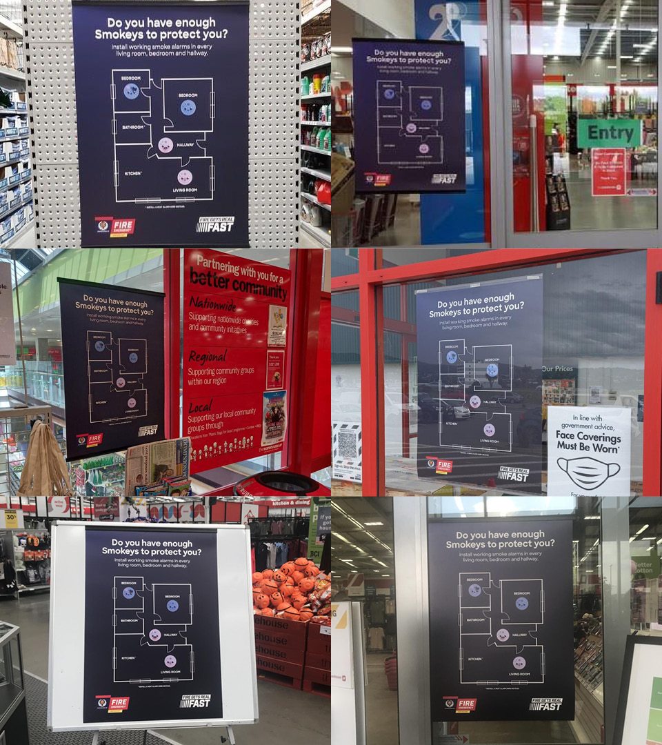 Fire and Emergency NZ Smokey posters shown in Bunnings, The Warehouse and Mitre 10 around New Zealand