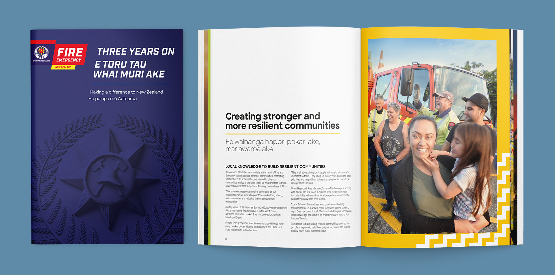 Fire and Emergency NZ 'Three Years On' book cover and spread