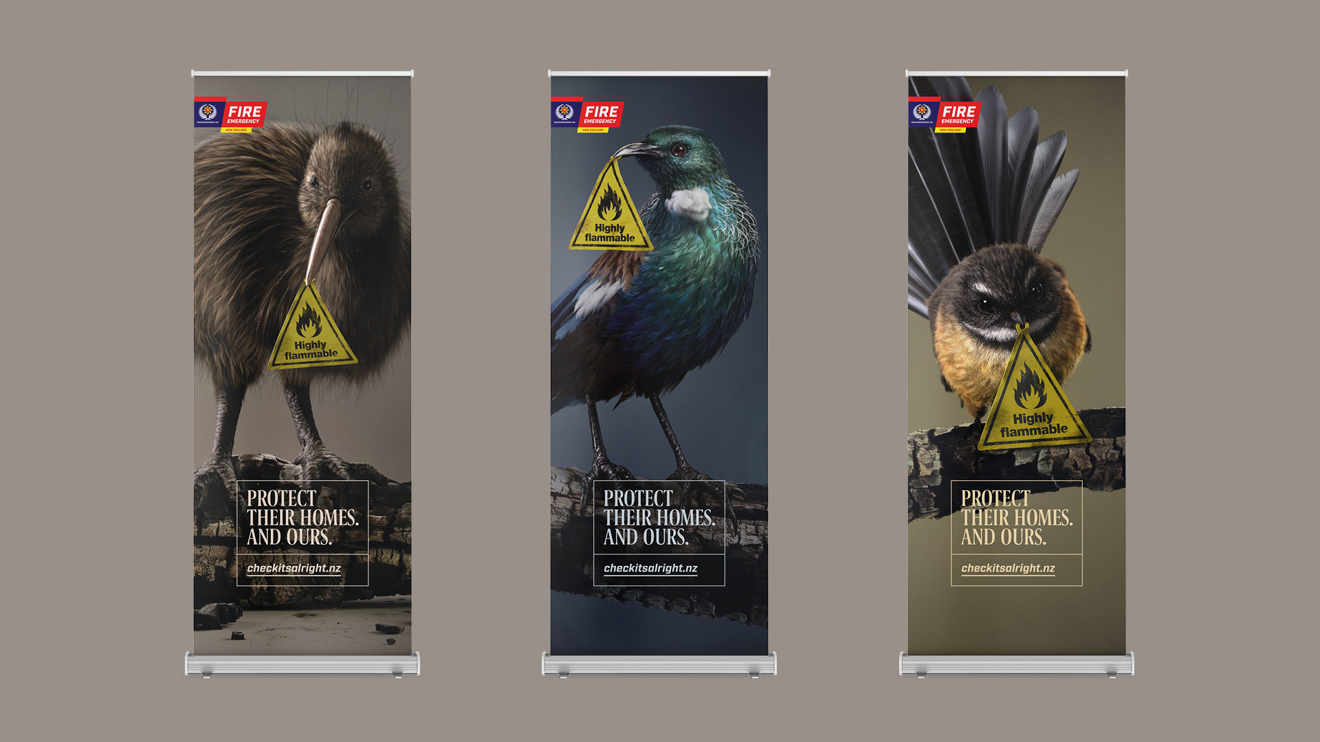 Fire and Emergency NZ 'summer birds' campaign asset designs