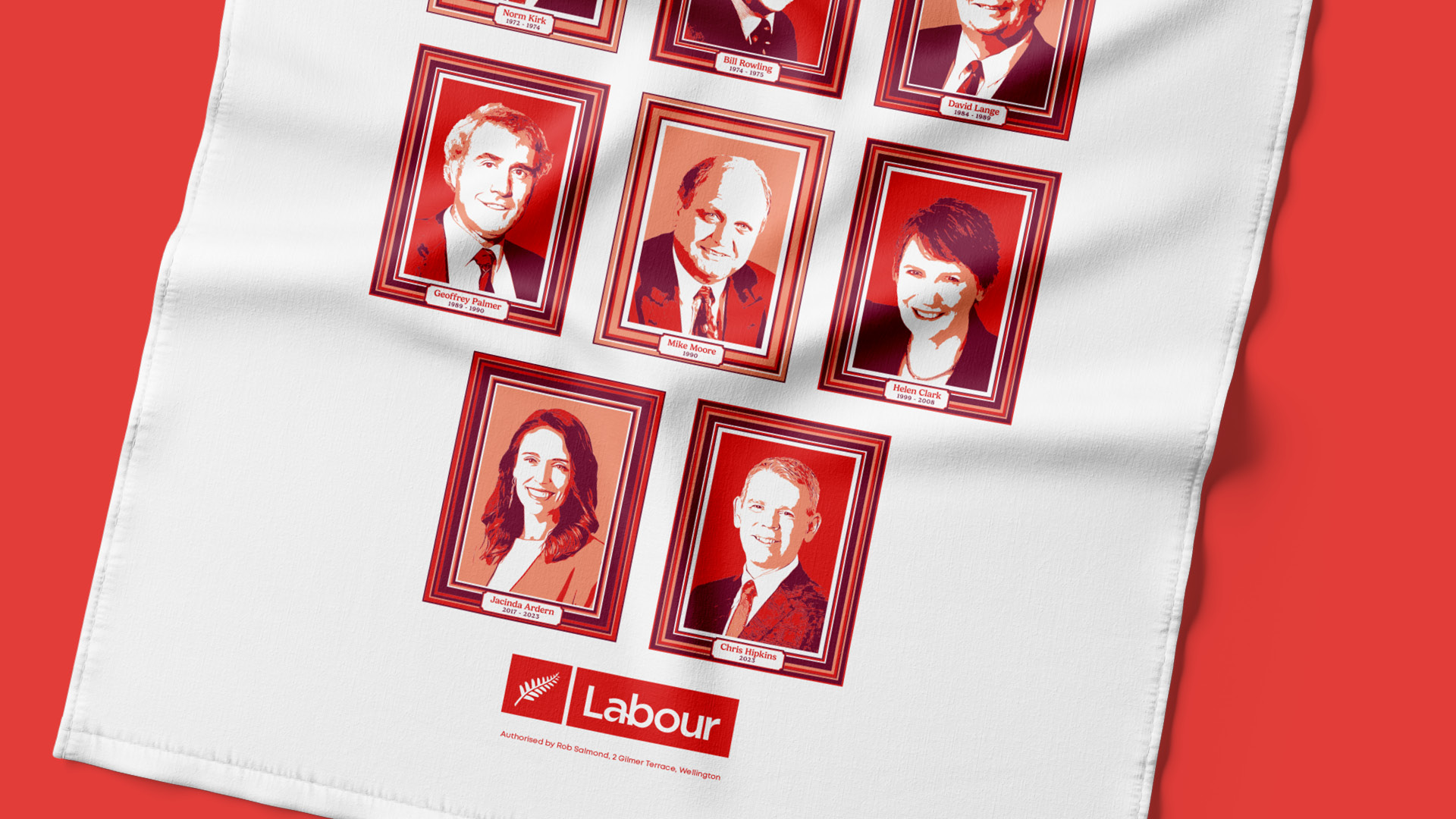 The final tea towel design created for the Labour Party Conference 2024 and featuring the 11 previous Labour Prime Ministers of New Zealand: Michael Savage, Peter Fraser, Walter Nash, Norm Kirk, Bill Rowling, David Lange, Geoffrey Palmer, Mike Moore, Helen Clark, Jacinda Ardern and Chris Hipkins.