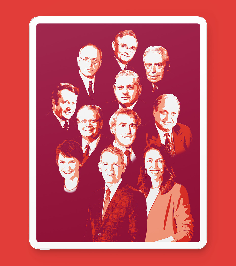 My designs of the 11 previous Labour Prime Ministers of New Zealand: Michael Savage, Peter Fraser, Walter Nash, Norm Kirk, Bill Rowling, David Lange, Geoffrey Palmer, Mike Moore, Helen Clark, Jacinda Ardern and Chris Hipkins.