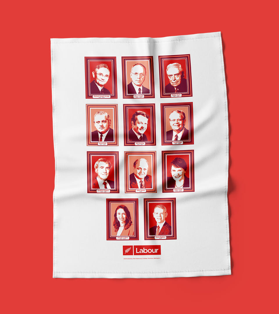 The final tea towel design created for the Labour Party Conference 2024 and featuring the 11 previous Labour Prime Ministers of New Zealand: Michael Savage, Peter Fraser, Walter Nash, Norm Kirk, Bill Rowling, David Lange, Geoffrey Palmer, Mike Moore, Helen Clark, Jacinda Ardern and Chris Hipkins.
