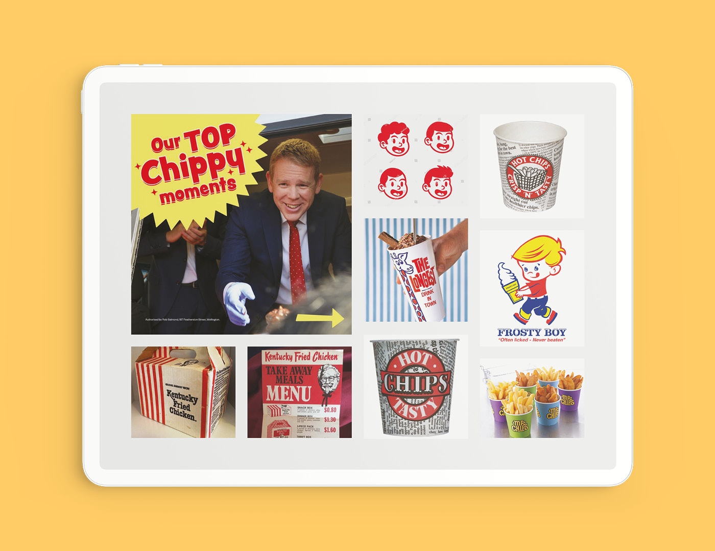Once I had the idea of Hot Fresh Chippy for Chris Hipkins, my moodboard narrowed down to New Zealand Kiwiana-inspired imagery, including 'Frosty Boy' and 'The Longest Drink in Town'.
