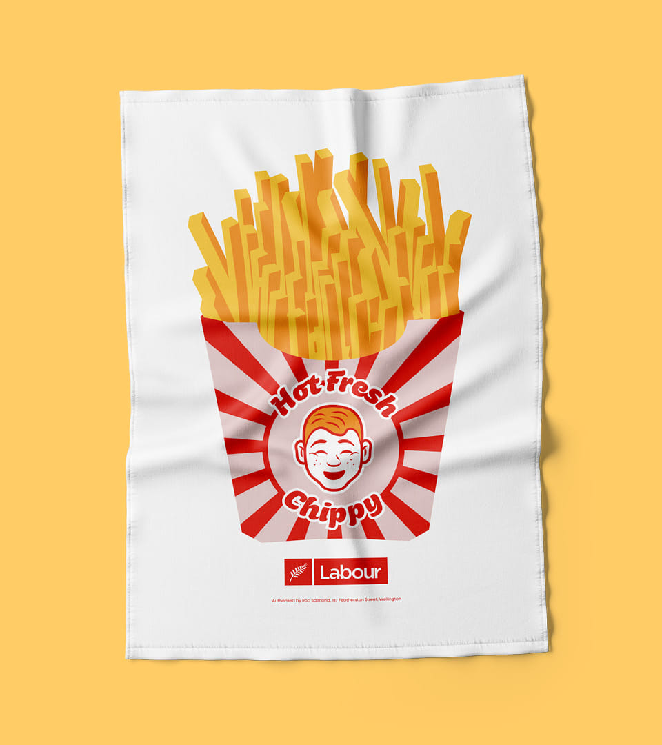 The final design of the Chris Hipkins 'Hot Fresh Chippy' tea towel in a Kiwiana-themed style.