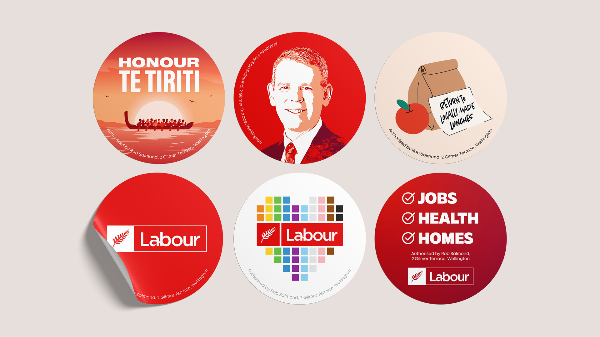 Sticker designs featuring current Labour campaigns, my Chris Hipkins illustration, Labour Pride and more.