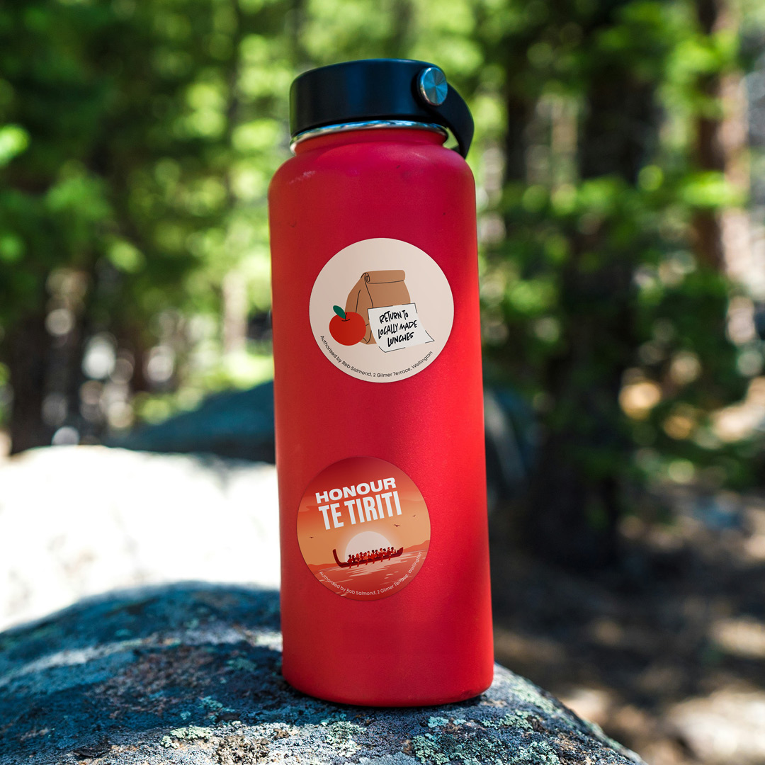 Labour Party stickers on a water bottle.