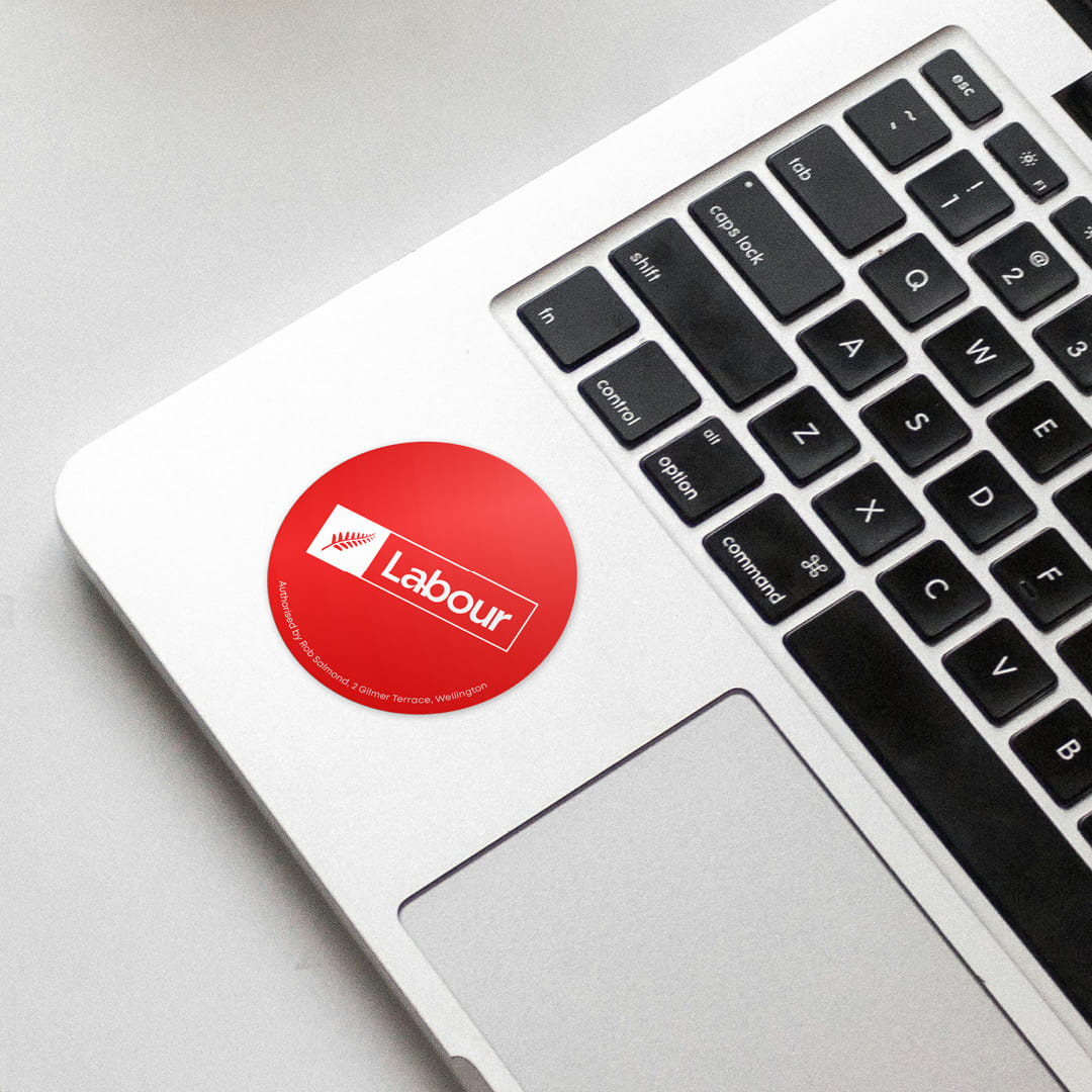 Labour Party stickers on a laptop.