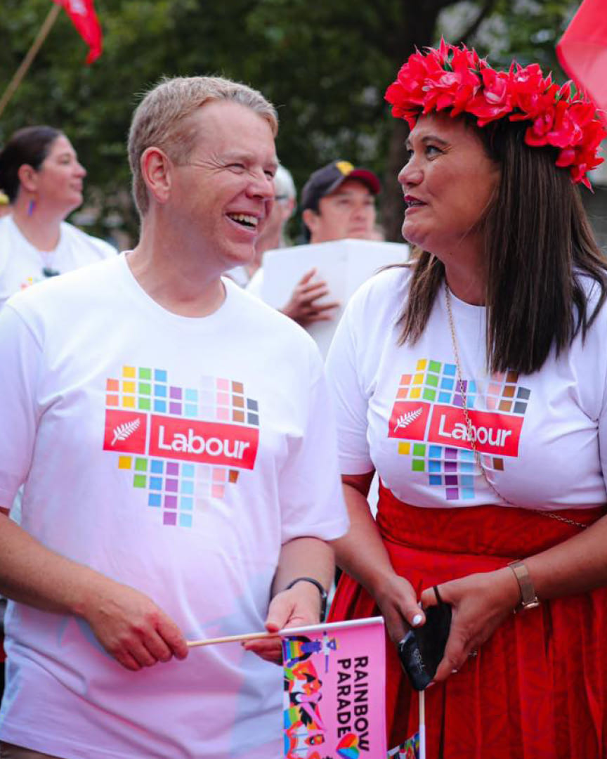 Labour Party Leader Chris Hipkins and Co-Leader Carmel Sepuloni at the Auckland Pride event in 2025 wearing the Labour Pride t-shirt designed by Bradley Pratt.