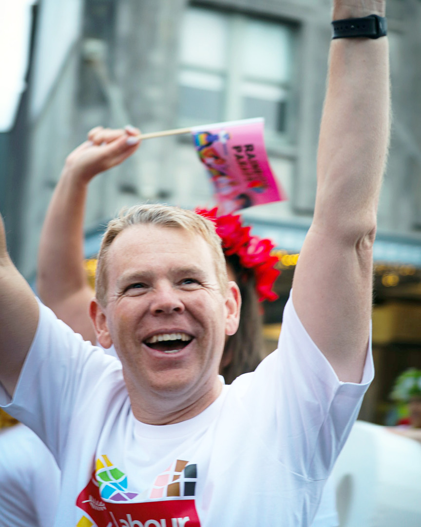 Labour Party Leader Chris Hipkins at the Auckland Pride event in 2025 wearing the Labour Pride t-shirt designed by Bradley Pratt.