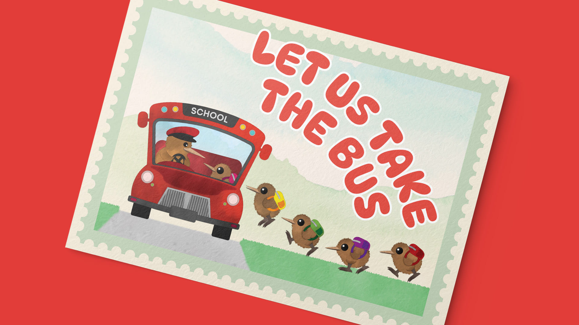 The New Zealand Labour Party's school bus campaign postcards, with watercolour illustrations of cute kiwis getting on a bus.