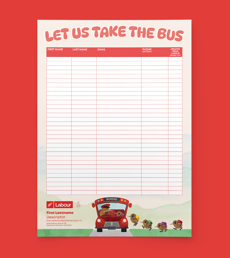 The New Zealand Labour Party's school bus campaign postcards, with watercolour illustrations of cute kiwis getting on a bus.