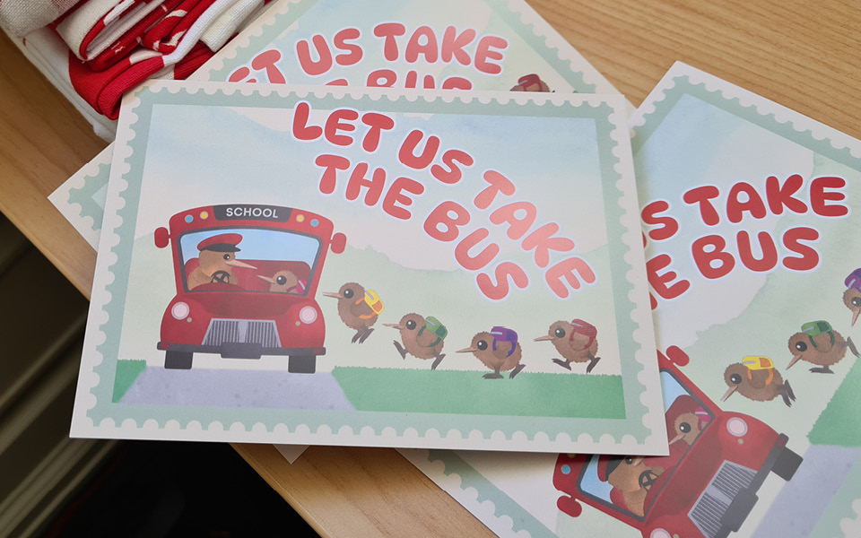 The New Zealand Labour Party's school bus campaign postcards, with watercolour illustrations of cute kiwis getting on a bus.