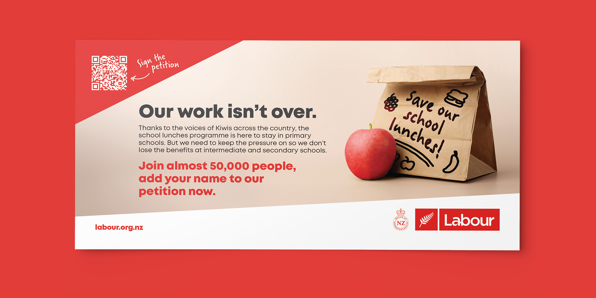 New Zealand Labour Party's campaign to save school lunches, featuring my handwriting on a school lunch bag.