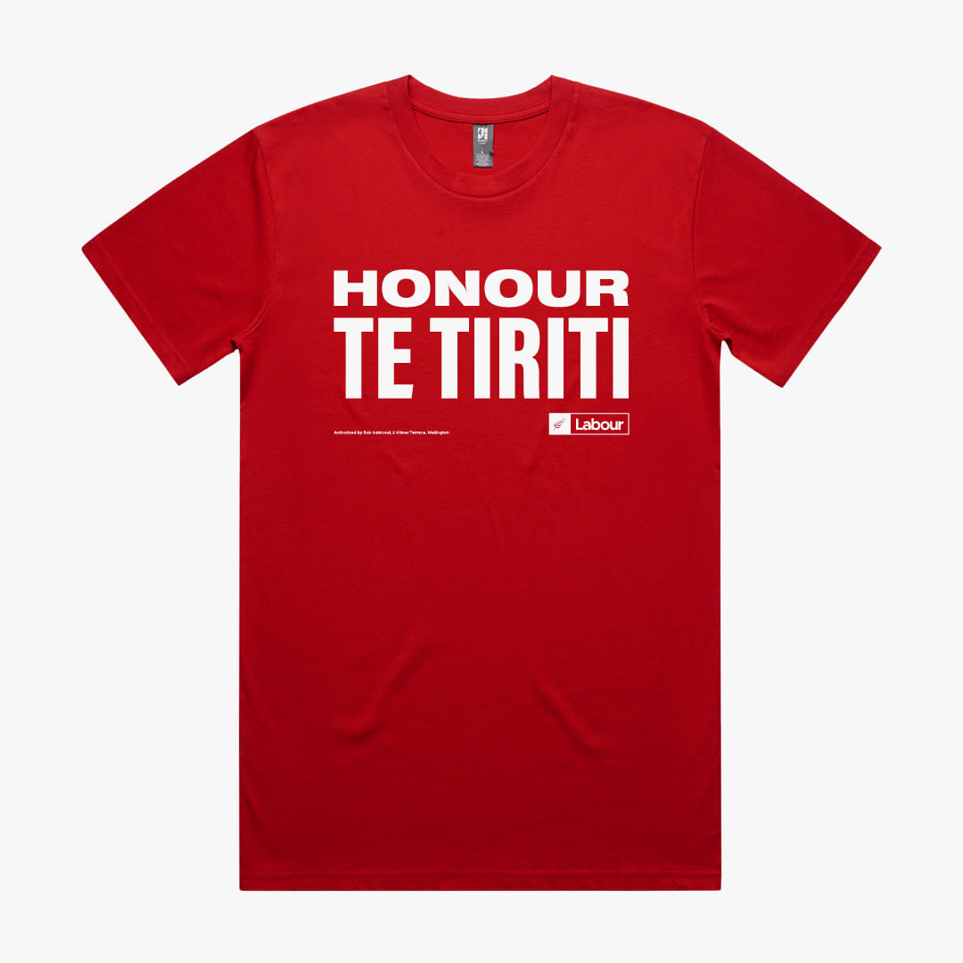 T-shirt design created for Labour supporters, Chris Hipkins and Labour MPs, worn during the 2024 Hīkoi mō te Tiriti protests and at Waitangi in 2025.