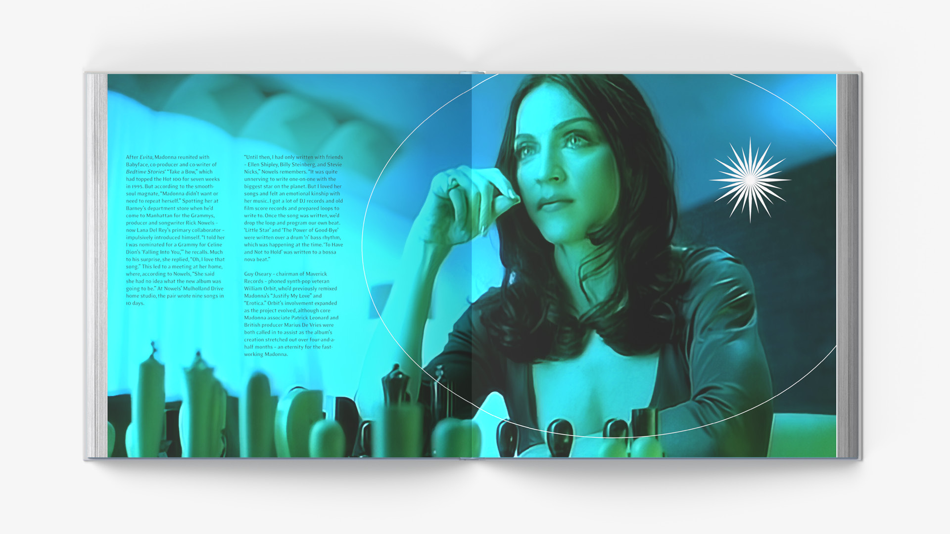 My design of a hardcover book focused on the making of Madonna's "Ray of Light" album, open pages