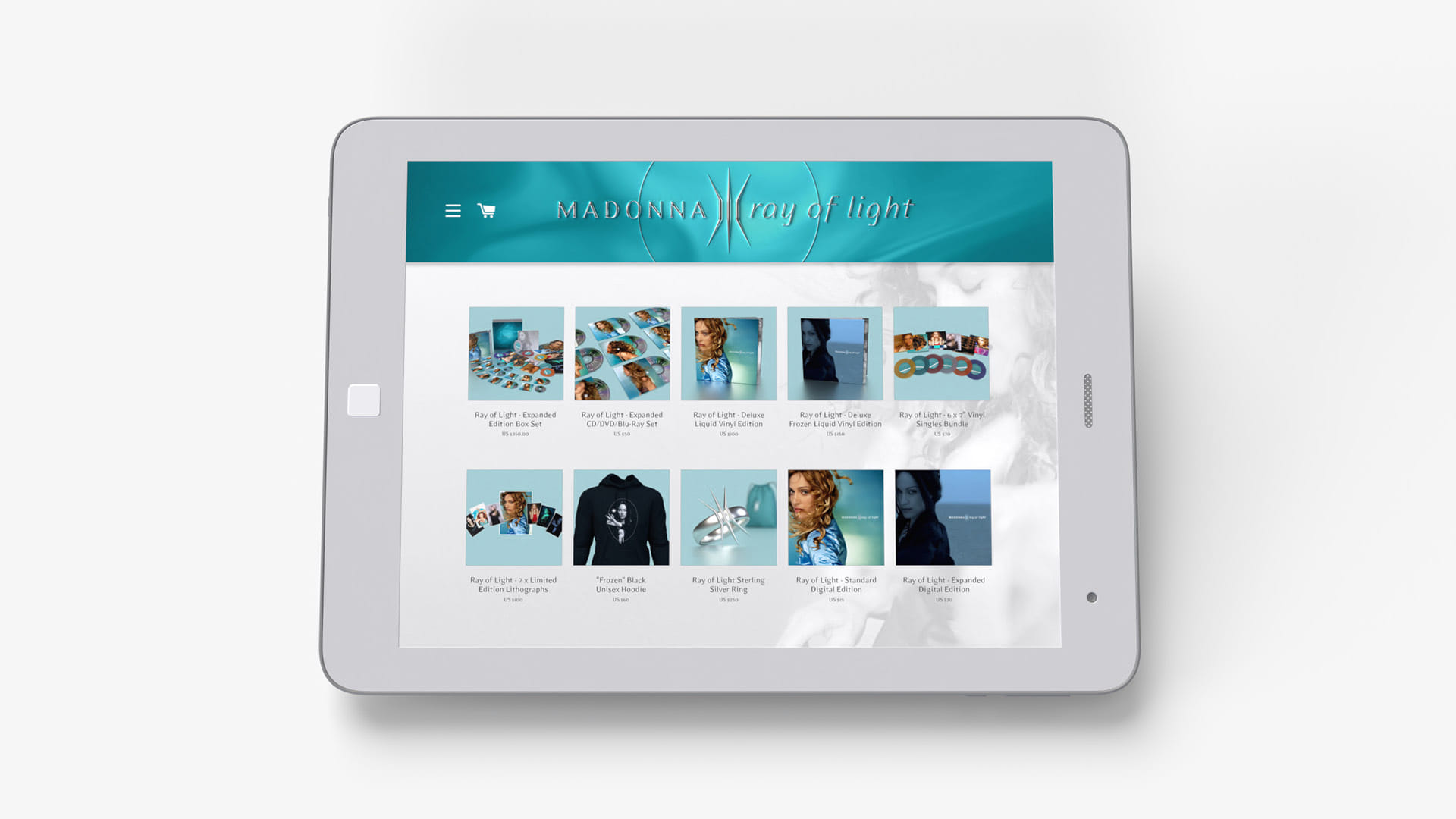 My design of a revamped online store for Madonna in a "Ray of Light" theme