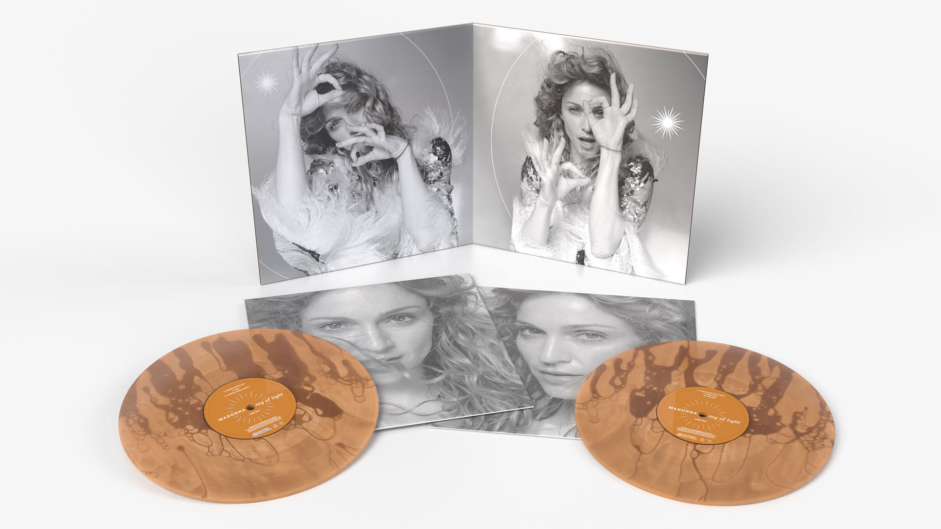 My redesigned Madonna "Ray of Light" album cover in a new vinyl edition design based on the Mario Testino photoshoot, open spread with two vinyl LPs