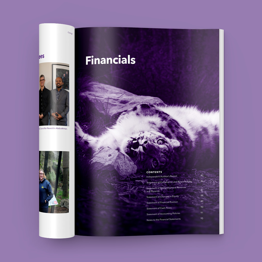 Wellington Zoo's 2024 annual report, including photography of Manju the snow leopard by Bradley Pratt