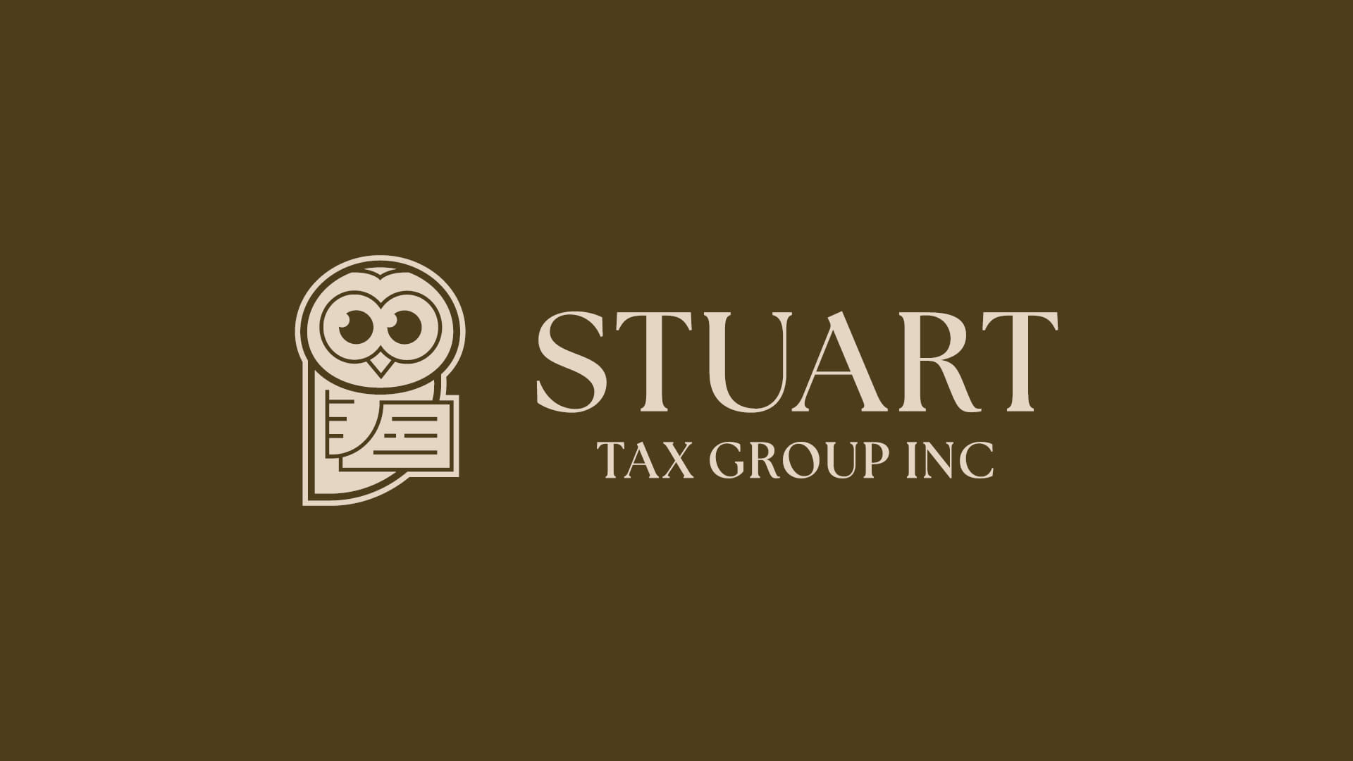 Stuart Tax Group Inc owl logo in tan on a brown background