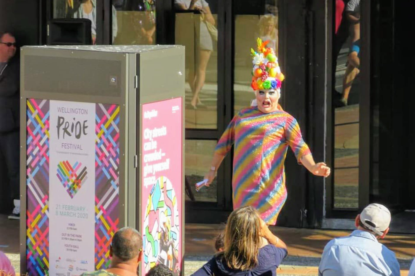 Poster on Courtenay Place for Wellington Pride Festival 2020