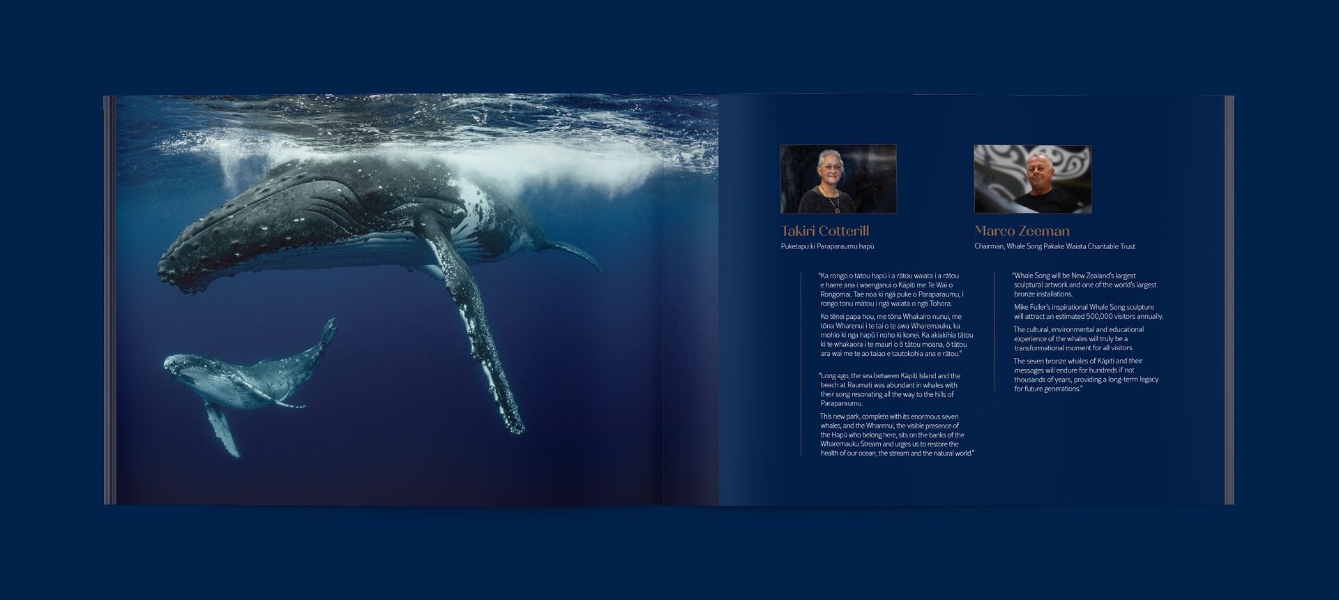 The first spread from the Whale Song Prospectus book, including biographies of Takiri Cotterill and Marco Zeeman