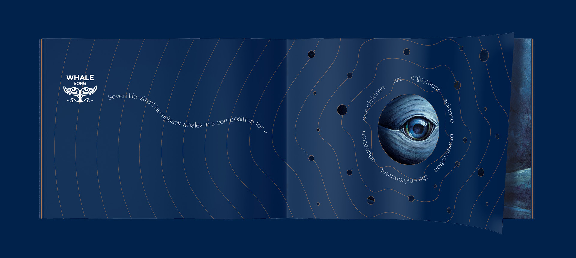 A spread from the Whale Song Prospectus book, including a cut-out revealing a painting by artist Sofie Seyah