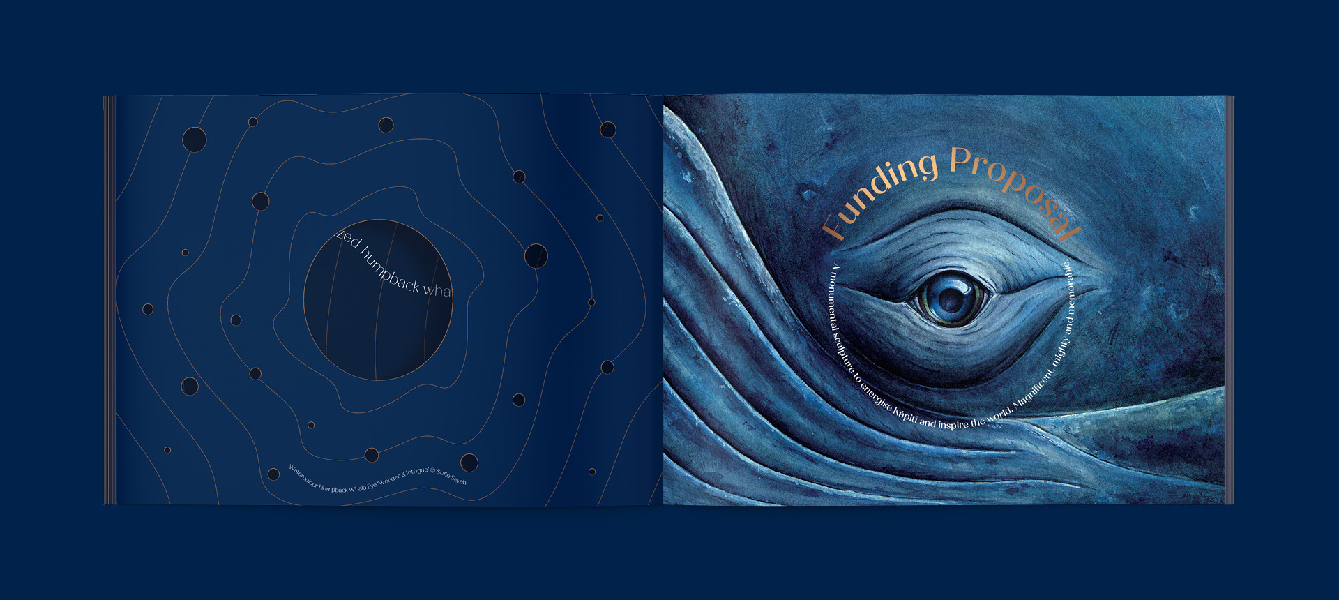 A spread from the Whale Song Prospectus book, opened to reveal the full painting by Sofie Seyah