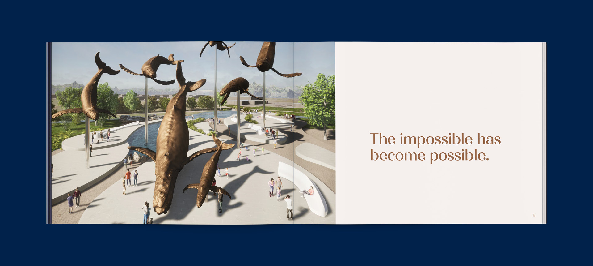 A spread from the Whale Song Prospectus book, with a bronze and cream colour palette, and renders by Tilt Architecture
