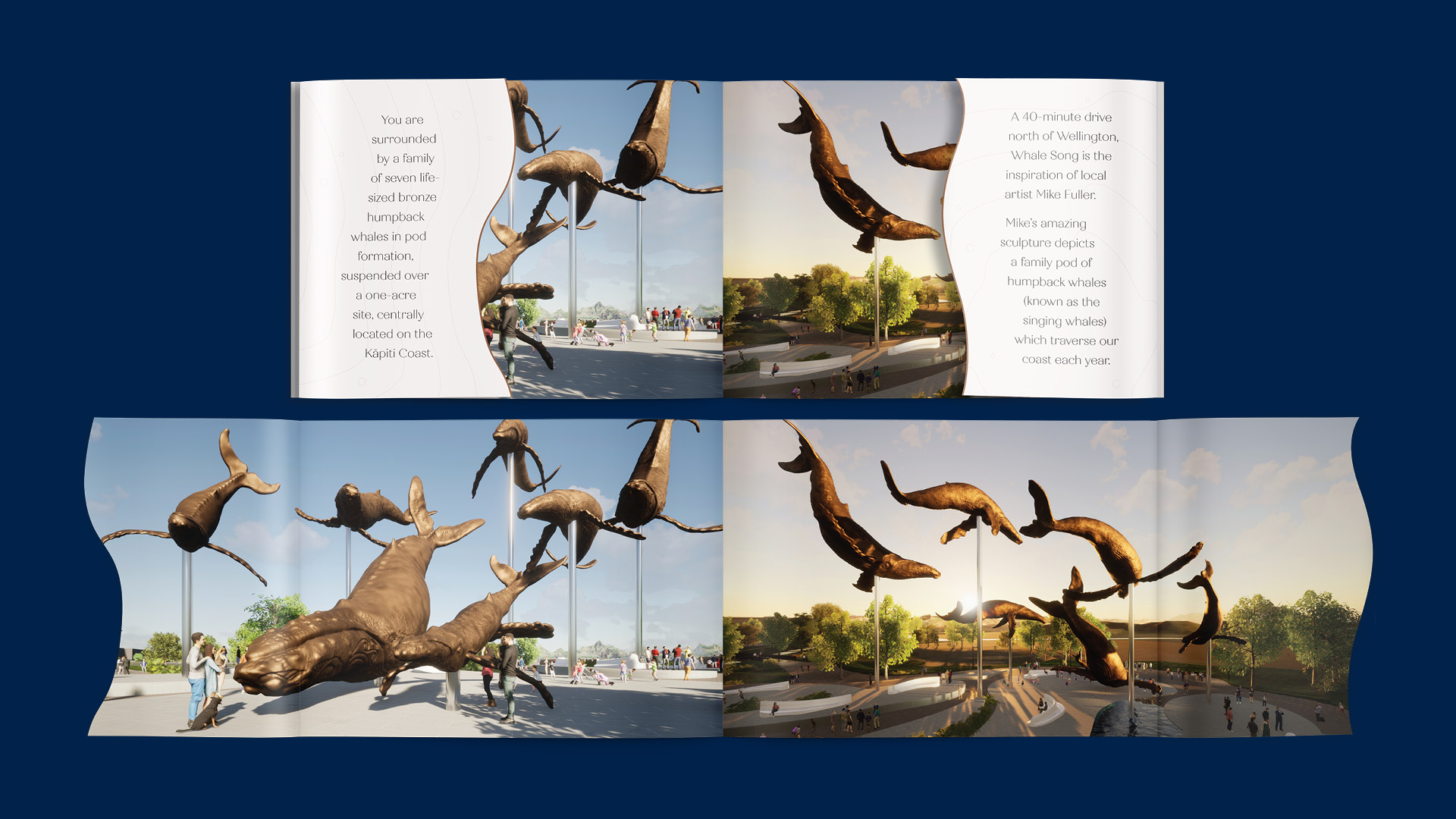 A spread from the Whale Song Prospectus book, with a bronze and cream colour palette, and renders by Tilt Architecture
