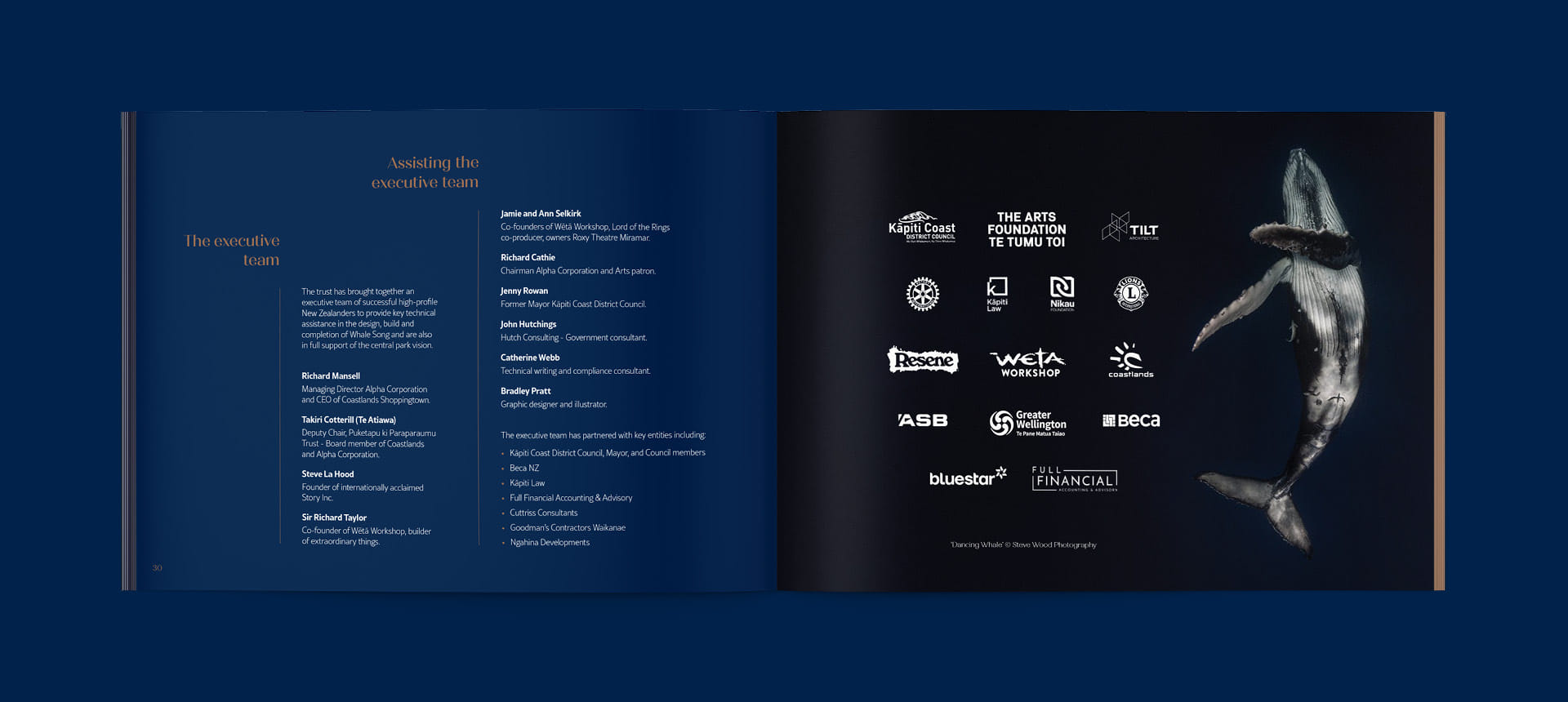 A spread from the Whale Song Prospectus book, with sponsor logos and a list of credits