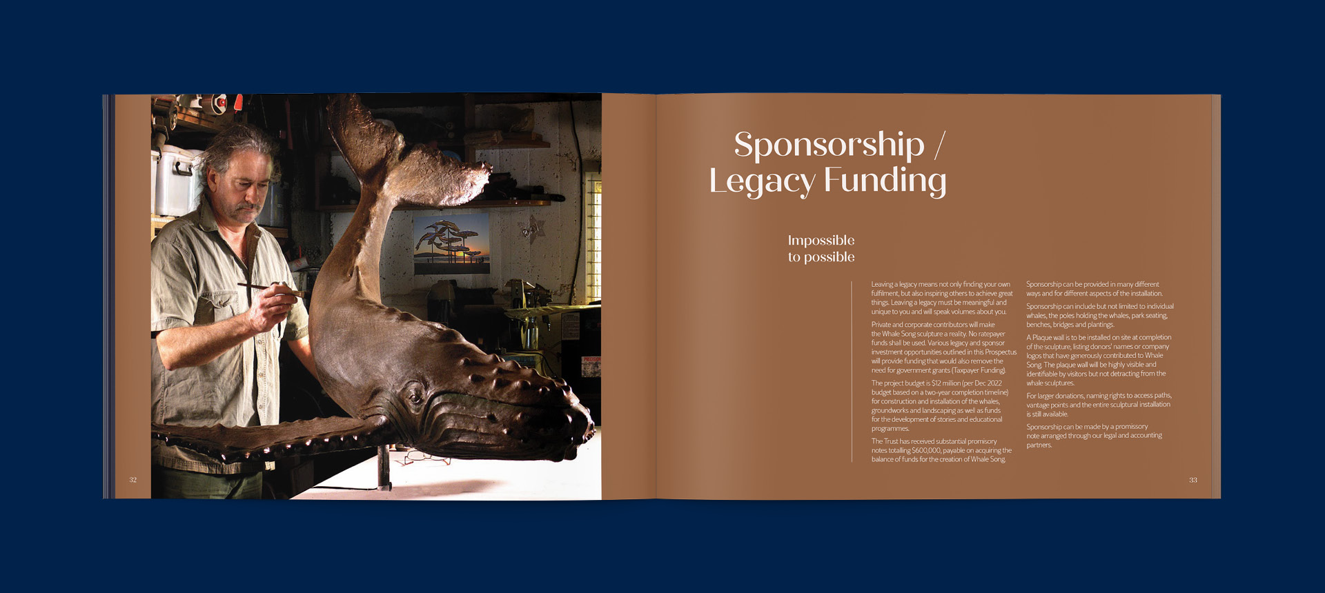 A spread from the Whale Song Prospectus book, including fundraising information