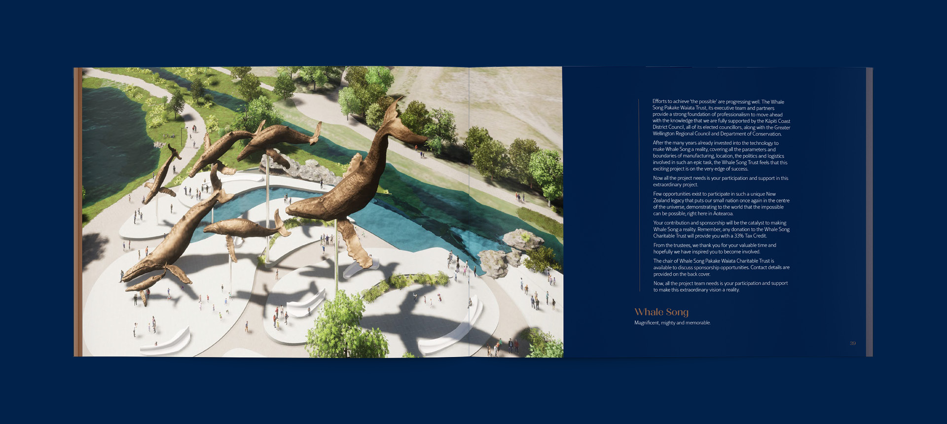 A spread from the Whale Song Prospectus book, with a bronze and navy colour palette, and renders by Tilt Architecture